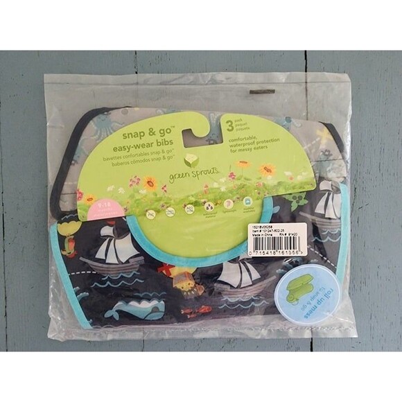 Green Sprouts 3 Pack Snap & Go Wipe-Off Bibs Oceanic 9-18 Months. NWT - Picture 2 of 6